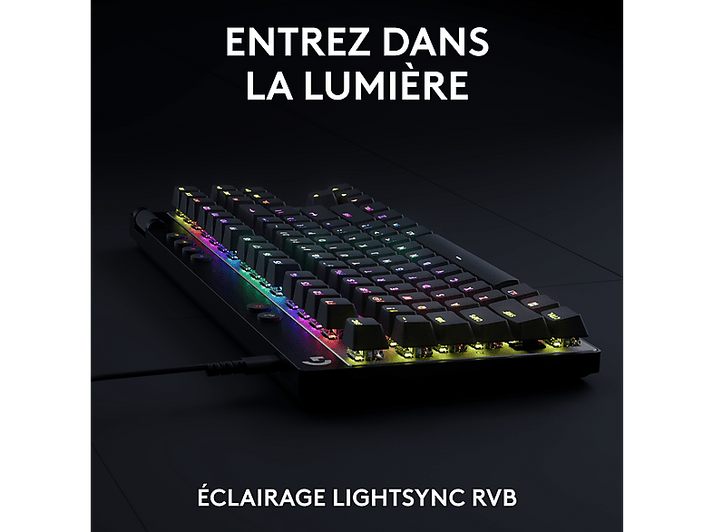 Clavier noir avec touches éclairées de différentes couleurs. Il est sur fond sombre avec du texte.