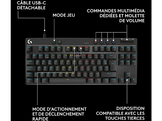 Clavier noir avec diverses touches et étiquettes. Texte : CÂBLE USB-C DÉTACHABLE.