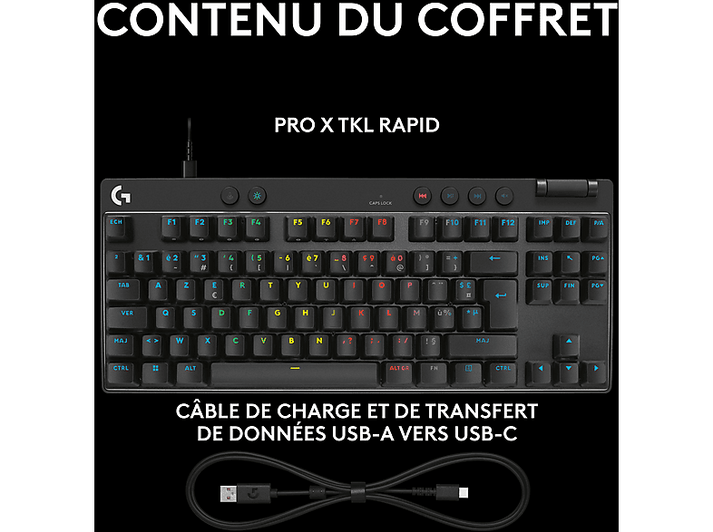 Clavier noir avec touches blanches, avec un câble de chargement noir en bas.