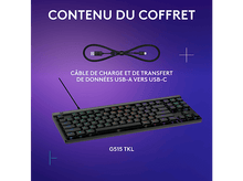 Charger l&#39;image dans la galerie, Un clavier noir et un câble USB, avec un fond bleu et violet, et du texte en haut.
