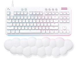 Clavier blanc avec repose-poignet en forme de nuage. Le clavier a des lumières colorées. Les touches sont blanches.