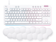 Clavier blanc avec repose-poignet en forme de nuage. Le clavier a des lumières colorées. Les touches sont blanches.