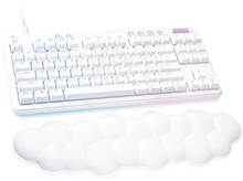 Charger l&#39;image dans la galerie, Clavier blanc avec repose-poignet en forme de nuage. Il a un câble blanc. Les touches sont blanches avec des lumières colorées.
