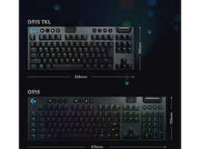 Charger l&#39;image dans la galerie, Deux claviers noirs, G915 TKL et G915, sont affichés avec des mesures sur un fond sombre.
