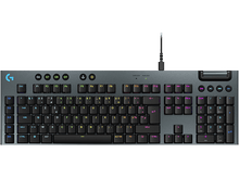 Charger l&#39;image dans la galerie, Un clavier gris avec des touches noires. Il a un câble et un grand logo G.
