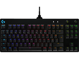 Clavier noir avec des touches colorées. Les touches sont étiquetées en plusieurs langues. Fond noir.