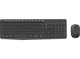 Combo clavier et souris sans fil Logitech. Clavier gris avec souris à droite.