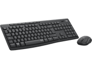 Ensemble clavier et souris sans fil noirs. Le clavier possède de nombreuses touches et un pavé numérique.