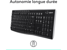 Charger l&#39;image dans la galerie, Clavier noir avec longue durée de vie de la batterie, sur fond blanc, avec une icône de batterie.
