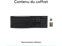 Charger l&#39;image dans la galerie, Clavier noir, récepteur USB et piles AAA sur fond blanc. Contenu de la boîte affiché.
