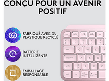 Charger l&#39;image dans la galerie, Clavier rose avec icônes et texte informatifs. Symboles incluent plastique recyclé, batterie intelligente et emballage responsable.
