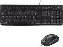 Charger l&#39;image dans la galerie, Ensemble clavier et souris noirs sur fond noir. La marque Logitech est visible sur le clavier.
