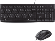 Ensemble clavier et souris noirs sur fond noir. La marque Logitech est visible sur le clavier.