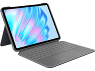 Tablette avec étui clavier, écran affichant une image abstraite colorée, sur fond sombre.