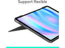 Charger l&#39;image dans la galerie, Tablette soutenue par un étui noir. L&#39;écran de la tablette affiche un arrière-plan coloré.
