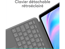 Charger l&#39;image dans la galerie, Gros plan d&#39;un clavier gris avec touches rétroéclairées, incliné vers le coin supérieur droit. Texte : Clavier détachable.
