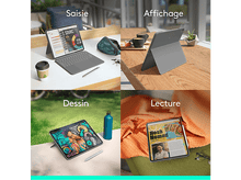 Charger l&#39;image dans la galerie, Quatre scènes d&#39;une tablette en cours d&#39;utilisation, montrant différentes applications : écriture, lecture et dessin.
