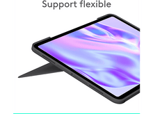 Charger l&#39;image dans la galerie, Tablette dans un étui gris, calée en biais. L&#39;écran affiche une image violette et bleue.
