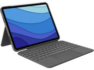 iPad avec étui clavier. La tablette est ouverte, affichant une image abstraite bleue et blanche.