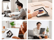Charger l&#39;image dans la galerie, Quatre images avec des personnes utilisant des tablettes. L&#39;un travaille, l&#39;autre dessine, un autre appelle en vidéo et le dernier se détend.
