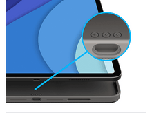 Charger l&#39;image dans la galerie, Tablette connectée à un étui gris. La tablette a un écran bleu et un gros plan du port de chargement.
