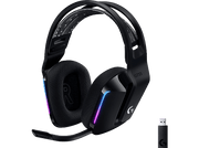 Casque de jeu noir avec microphone et adaptateur USB sans fil, sur fond noir.