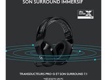 Charger l&#39;image dans la galerie, Casque de jeu noir avec texte et lignes d&#39;ondes sonores bleues sur fond noir.
