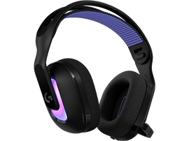 Casque de jeu noir et violet. Les oreillettes sont noires, avec des touches de violet sur l