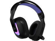 Casque de jeu noir et violet. Les oreillettes sont noires, avec des touches de violet sur l'arceau.