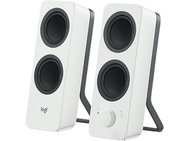 Deux enceintes blanches avec cônes noirs et contrôle du volume.