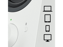 Charger l&#39;image dans la galerie, Gros plan sur un haut-parleur blanc avec un bouton de volume et des icônes de connexion.
