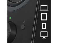 Charger l&#39;image dans la galerie, Gros plan sur l&#39;enceinte avec bouton de volume, bouton Bluetooth et indicateur d&#39;alimentation vert. Icônes d&#39;appareils.
