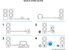 Charger l&#39;image dans la galerie, Guide de démarrage rapide avec des étapes numérotées montrant comment connecter des haut-parleurs.
