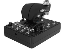 Charger l&#39;image dans la galerie, Un joystick de simulateur de vol noir avec plusieurs boutons et interrupteurs sur une base noire.
