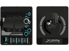 Charger l&#39;image dans la galerie, Un panneau de commande de vol noir avec des boutons et des cadrans. Il a un joystick et diverses options de contrôle.
