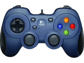 Manette Logitech bleue avec boutons colorés, croix directionnelle et poignées noires, avec logo Logitech au centre.