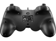 Charger l&#39;image dans la galerie, Dos d&#39;une manette Logitech F310 noire. Boutons, numéros de série et un interrupteur sont visibles.
