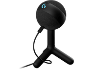 Un microphone Logitech noir sur un support noir.