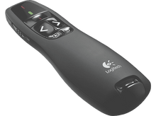 Charger l'image dans la galerie, Télécommande de présentation noire. Boutons de navigation et marche/arrêt. Logo Logitech visible.
