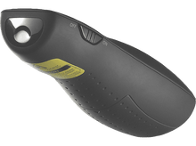 Charger l'image dans la galerie, Pointeur laser noir avec interrupteur marche/arrêt, lentille et étiquette d'avertissement jaune.
