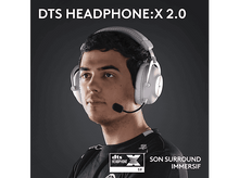 Charger l&#39;image dans la galerie, Un homme portant un casque DTS blanc avec un microphone, sur fond sombre.
