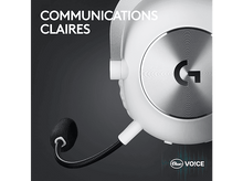 Charger l&#39;image dans la galerie, Casque de jeu blanc avec un microphone. Texte : Communications claires. Logo Blue Vo!ce.
