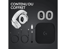 Charger l&#39;image dans la galerie, Casque blanc, écouteurs et accessoires dans un étui noir. Les accessoires sont des câbles et un microphone.
