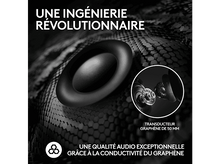 Charger l&#39;image dans la galerie, Haut-parleur d&#39;écouteurs noir avec texte en français : Ingénierie révolutionnaire, transducteur en graphène.
