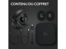 Charger l&#39;image dans la galerie, Casque audio, coussinets, câbles et étui de transport, le tout en noir, sur une surface noire.
