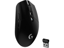 Charger l'image dans la galerie, Souris noire et récepteur USB. La souris a une molette de défilement et un logo en bas.
