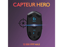 Charger l'image dans la galerie, Souris gaming Logitech G305, noire. Caractéristiques : capteur hero, 12 000 DPI max. et icône cible.
