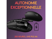 Charger l'image dans la galerie, Une souris noire avec une pile et un récepteur USB. La souris est ouverte.
