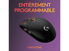 Charger l'image dans la galerie, Souris gaming noire avec six boutons et des marques orange. Fond dégradé violet.
