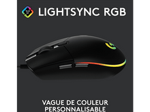 Charger l'image dans la galerie, Souris de jeu noire avec bande lumineuse colorée, étiquetée 'LIGHTSYNC RGB'.

